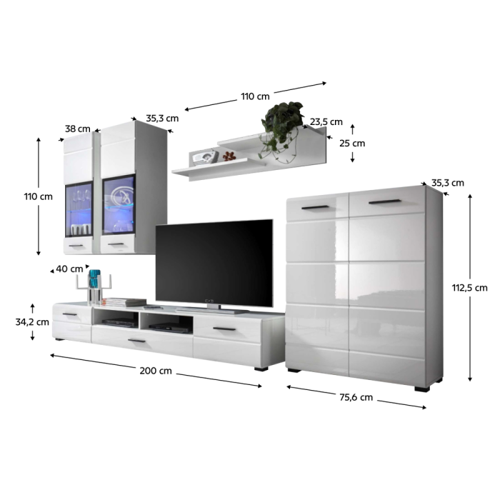 Set mobila Living , alb hdf superlucios/ alb, lumini led vitrine, 276cm lungime [4]