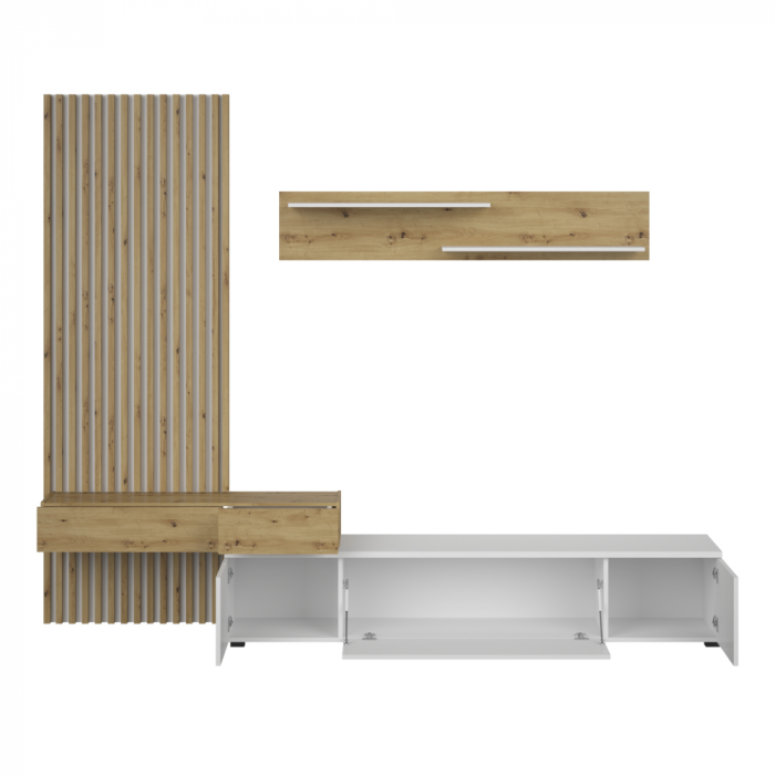 Set mobila living cu riflaj, alb/stejar artisan, 250 cm lungime, panou cu riflaj, comoda tv cu push open, raft, Bortis impex [4]