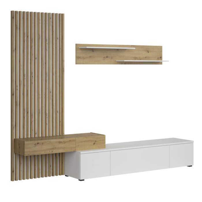 Set mobila living cu riflaj, alb/stejar artisan, 250 cm lungime, panou cu riflaj, comoda tv cu push open, raft, Bortis impex [3]