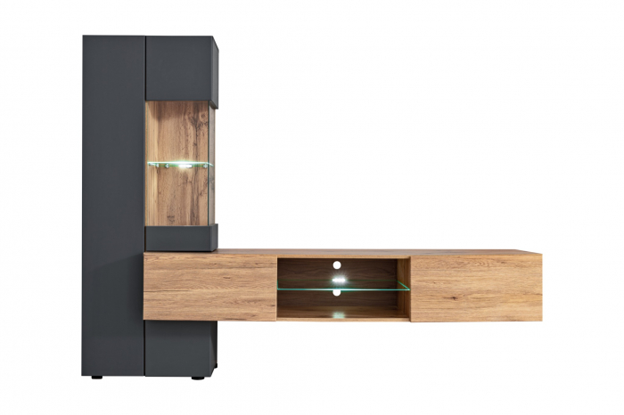 Set mobila Living moderna , 210 cm lungime, antracit inchis /stejar artisan, usi deschidere push open,  comoda tv suspendata, vitrina sticla, led lumina alba, [9]