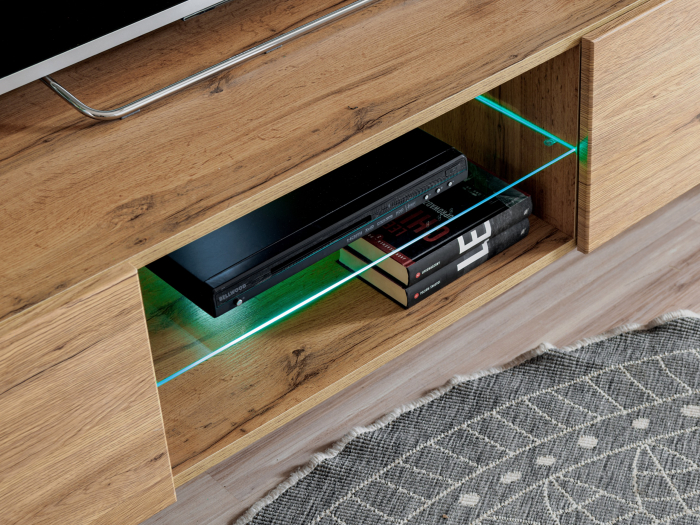 Set mobila Living moderna , 210 cm lungime, antracit inchis /stejar artisan, usi deschidere push open,  comoda tv suspendata, vitrina sticla, led lumina alba, [8]