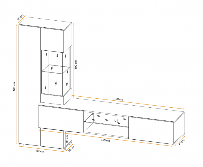 Set mobila Living moderna , 210 cm lungime, antracit inchis /stejar artisan, usi deschidere push open,  comoda tv suspendata, vitrina sticla, led lumina alba, [3]