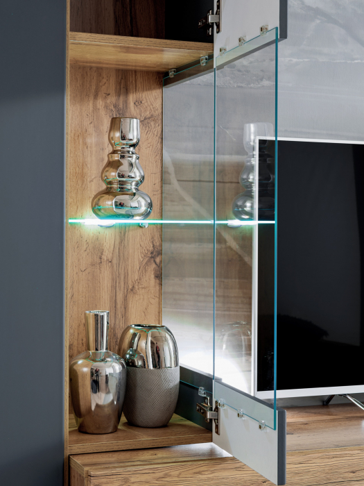 Set mobila Living moderna , 210 cm lungime, antracit inchis /stejar artisan, usi deschidere push open,  comoda tv suspendata, vitrina sticla, led lumina alba, [5]
