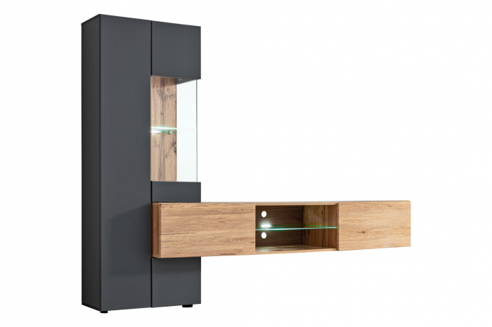 Set mobila Living moderna , 210 cm lungime, antracit inchis /stejar artisan, usi deschidere push open,  comoda tv suspendata, vitrina sticla, led lumina alba, [2]