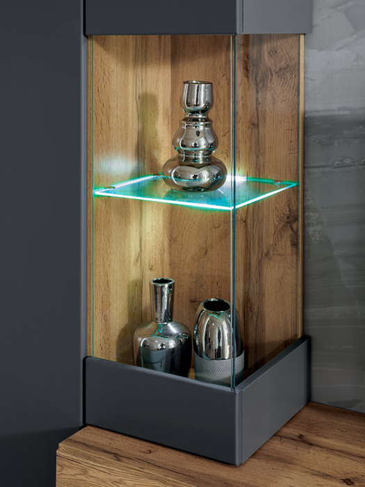 Set mobila Living moderna , 210 cm lungime, antracit inchis /stejar artisan, usi deschidere push open,  comoda tv suspendata, vitrina sticla, led lumina alba, [7]
