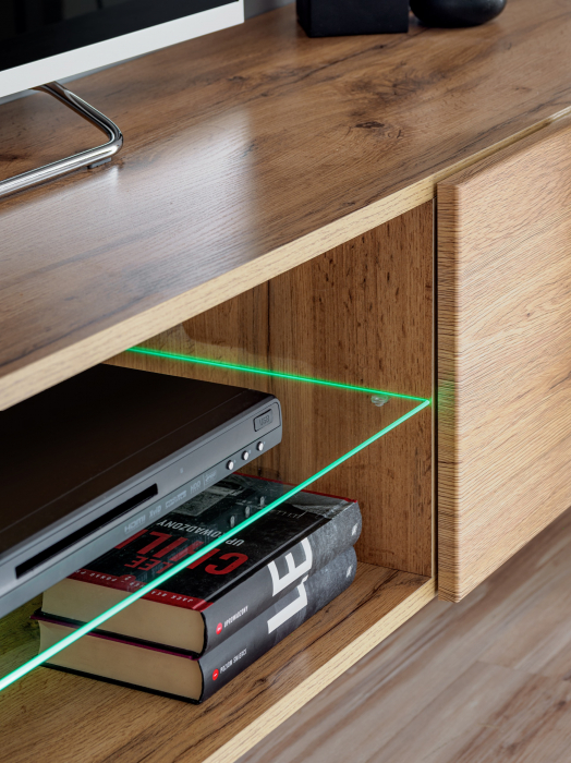Set mobila Living moderna , 210 cm lungime, antracit inchis /stejar artisan, usi deschidere push open,  comoda tv suspendata, vitrina sticla, led lumina alba, [10]