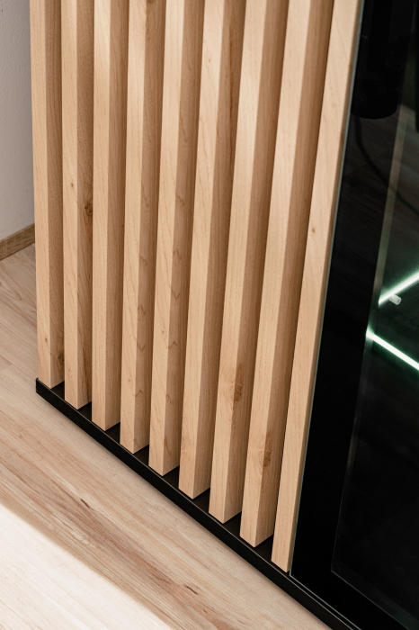 Set mobila living-sufragerie cu riflaj, negru mat/ stejar , vitrine sticla , iluminare led , 340 cm lungime, canturi abs [5]