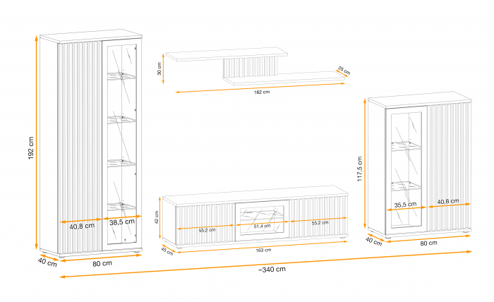 Set mobila living-sufragerie cu riflaj, negru mat/ stejar , vitrine sticla , iluminare led , 340 cm lungime, canturi abs [2]