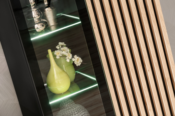 Set mobila living-sufragerie cu riflaj, negru mat/ stejar , vitrine sticla , iluminare led , 340 cm lungime, canturi abs [8]