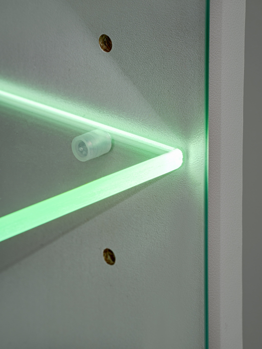 Set mobila living, suspendata, prindere perete, cu riflaj inclus, usi deschidere prin apasare, vitrina cu led, stejar artisan -lamele riflaj negre/gri mat perlat, 220 cm lungime, Bortis impex [10]