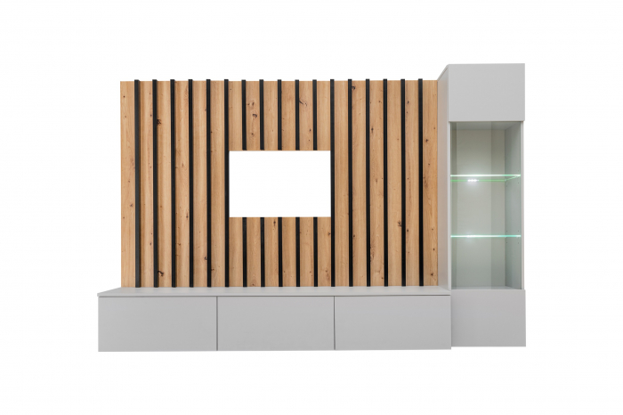 Set mobila living, suspendata, prindere perete, cu riflaj inclus, usi deschidere prin apasare, vitrina cu led, stejar artisan -lamele riflaj negre/gri mat perlat, 220 cm lungime, Bortis impex [3]