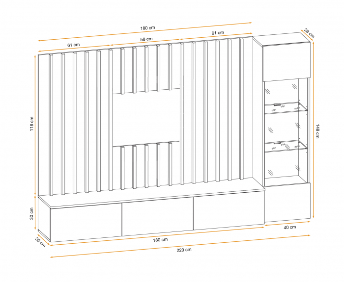 Set mobila living, suspendata, prindere perete, cu riflaj inclus, usi deschidere prin apasare, vitrina cu led, stejar artisan -lamele riflaj negre/gri mat perlat, 220 cm lungime, Bortis impex [4]