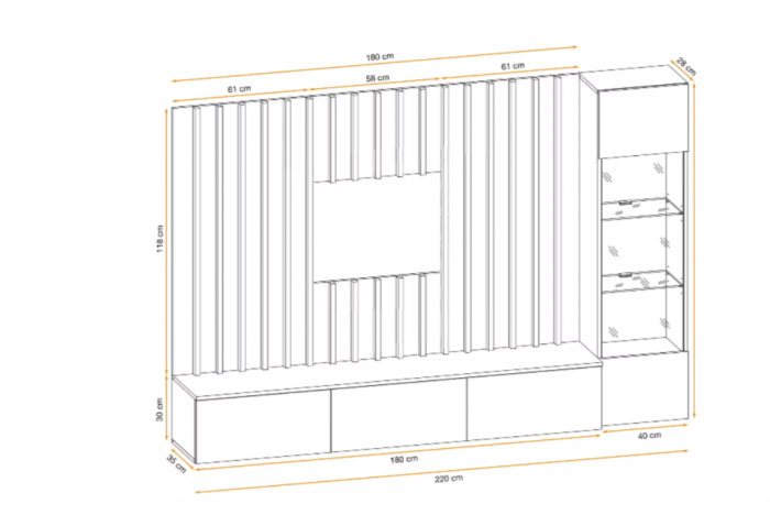 Set mobila living, suspendata, prindere perete, cu riflaj inclus, usi deschidere prin apasare, vitrina cu led, stejar artisan-negru lamelele/casmir bej , 220 cm lungime, Bortis impex [5]