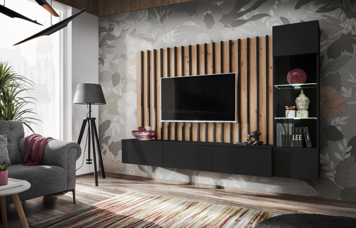 Set mobila living, suspendata, prindere perete, cu riflaj inclus, usi deschidere prin apasare, vitrina cu led, stejar artisan/negru mat, 220 cm lungime, Bortis impex [2]