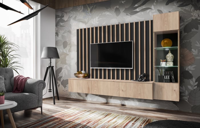 Set mobila living, suspendata, prindere perete, cu riflaj inclus, usi deschidere prin apasare, vitrina cu led, stejar /negru mat riflaj, 220 cm lungime, Bortis impex [3]