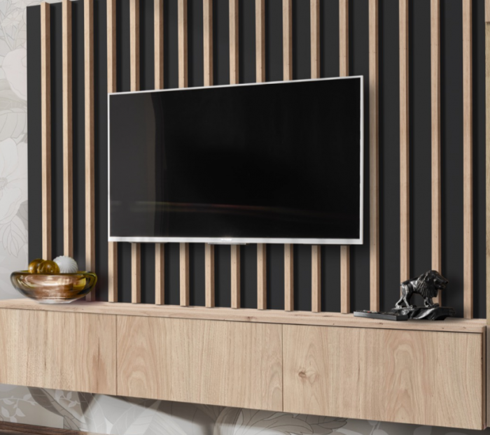 Set mobila living, suspendata, prindere perete, cu riflaj inclus, usi deschidere prin apasare, vitrina cu led, stejar /negru mat riflaj, 220 cm lungime, Bortis impex [2]