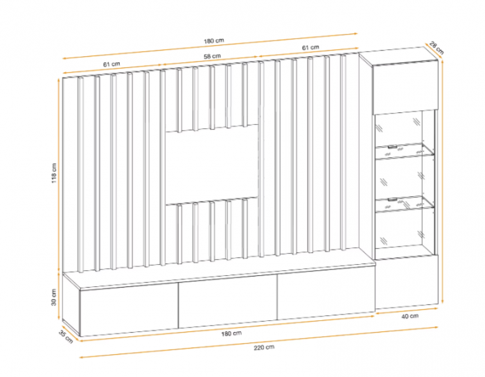 Set mobila living, suspendata, prindere perete, cu riflaj inclus, usi deschidere prin apasare, vitrina cu led, stejar /negru mat riflaj, 220 cm lungime, Bortis impex [5]