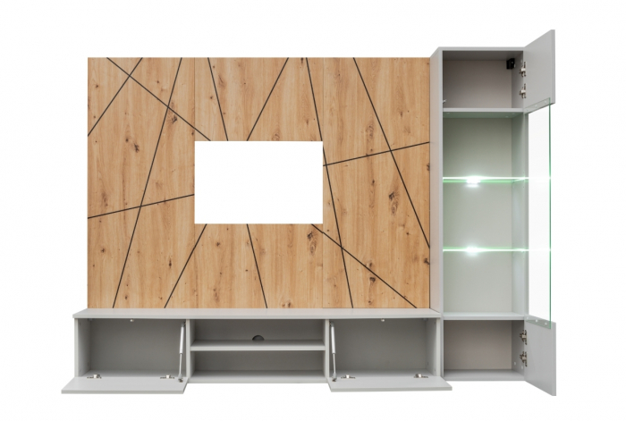 Set mobila living, suspendata, prindere perete, cu spatiu pe mijloc, usi deschidere prin apasare, vitrina cu led, stejar artisan -dungi negre/gri mat perlat, 220 cm lungime, Bortis impex [3]
