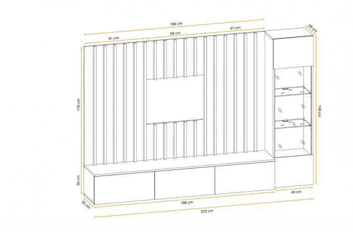 Set mobila living, suspendata, prindere perete, cu spatiu pe mijloc, usi deschidere prin apasare, vitrina cu led, stejar artisan -dungi negre/gri mat perlat, 220 cm lungime, Bortis impex [6]