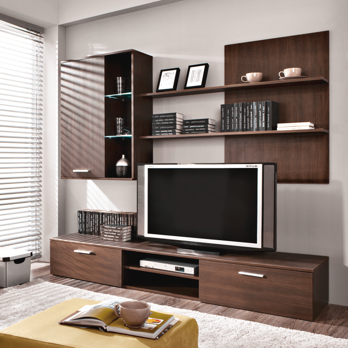 Set mobila living, wenge, 200 cm lungime, cu lumini led, rafturi, Bortis Impex [3]