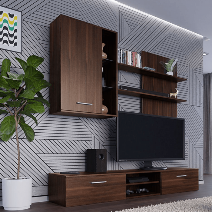 Set mobila living, wenge, 200 cm lungime, cu lumini led, rafturi, Bortis Impex [4]