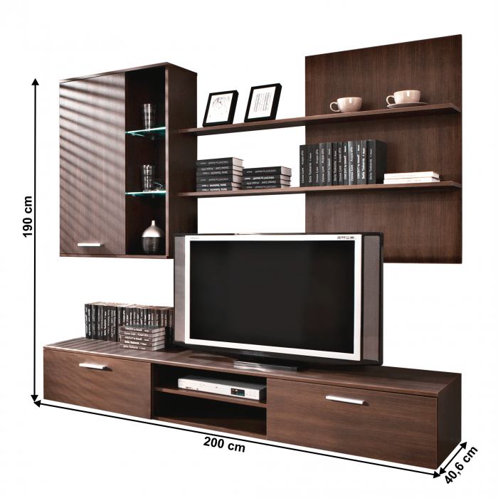 Set mobila living, wenge, 200 cm lungime, cu lumini led, rafturi, Bortis Impex [2]