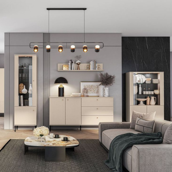 Set mobila sufragerie living , mdf/ pal casmir, usi stil riflaj cu caneluri, lumini led vitrine, soft close, abs, 2xvitrine+ comoda +raft,fara masuta cafea model deosebit [2]