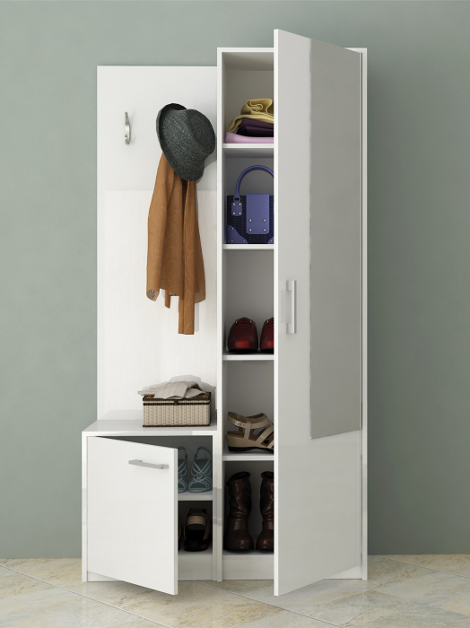 Set mobilier cuier de hol cu dulap pantofar, alb lucios, usi cu inchidere silentioasa, 95 cm x 175cm x36cm, Bortis Impex [2]