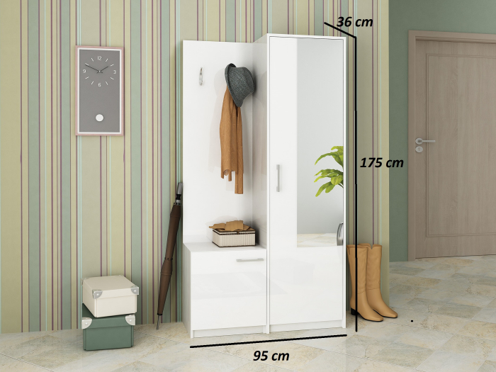 Set mobilier cuier de hol cu dulap pantofar, alb lucios, usi cu inchidere silentioasa, 95 cm x 175cm x36cm, Bortis Impex [3]