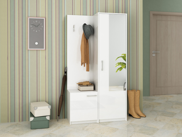 Set mobilier cuier de hol cu dulap pantofar, alb lucios, usi cu inchidere silentioasa, 95 cm x 175cm x36cm, Bortis Impex [4]