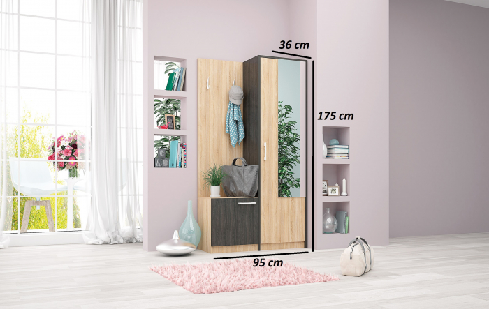 Set mobilier cuier de hol cu dulap pantofar, stejar sonoma/stejar carbon, usi cu inchidere silentioasa, 95 cm x 175cm x36cm, Bortis Impex [3]