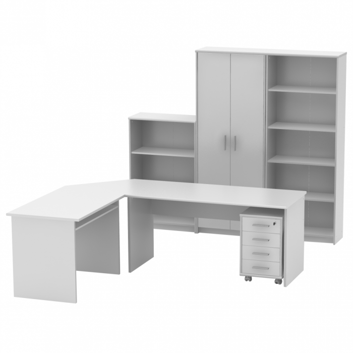 Set mobilier de birou complet , alb , dulapuri, /birou pe colt, rollbox, Bortis [1]