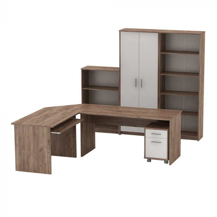 Set mobilier de birou complet ,prun inchis/alb , dulapuri, /birou pe colt, rollbox, Bortis [9]