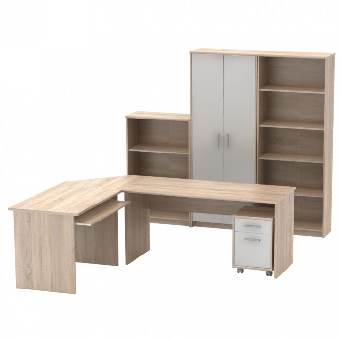 Set mobilier de birou complet ,stejar sonoma/alb , dulapuri, /birou pe colt, rollbox, Bortis [1]