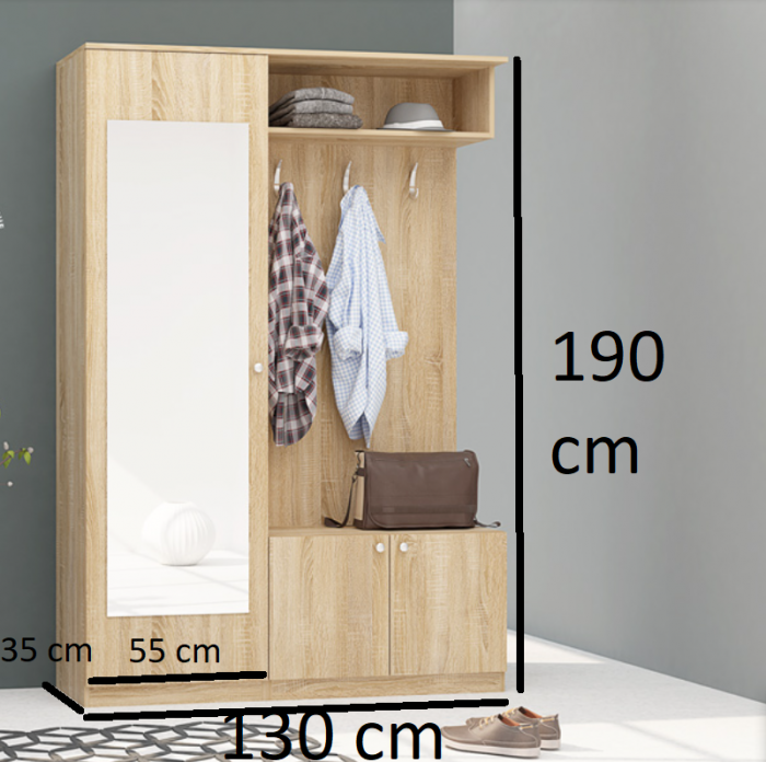 Set mobilier hol, 130x190x35 cm, cuier cu dulap haine si pantofar, stejar sonoma/oglinda, balamale inchidere silentioasa [2]