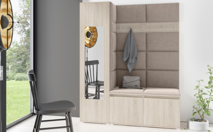 Set mobilier hol, 185x145x40 cm, panouri tapitate, agatatori incluse, pantofar si dulap, stofa maro deschis/stejar sonoma, Bortis Impex [6]