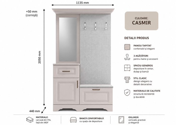 Set mobilier hol cuier casmir, oglinda, bancă și panou tapitat, pal si mdf, 113,5 cm lungime  x 44 cm adancime x 210 cm, Bortis Impex [4]