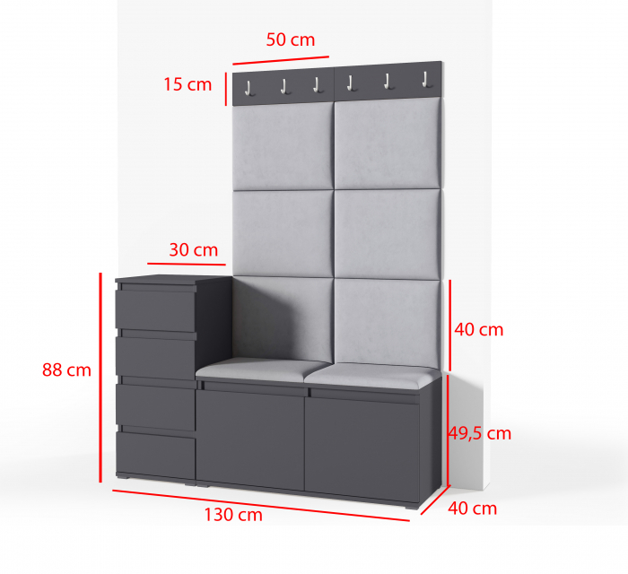 Set Mobilier hol cuier , modern cu  panouri tapitate , pantofar si comoda , 130 cm lungime x 40 cm adancime x 185 cm inaltime, negru-stejar artisa/gri cenusiu, [3]