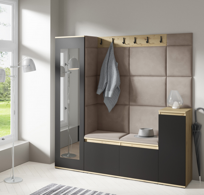 Set mobilier hol-panouri tapitate,175 cm lungime ,agatatori incluse, pantofar si dulap cu oglinda, stofa maro deschis/stejar artisan -negru, Bortis Impex [3]