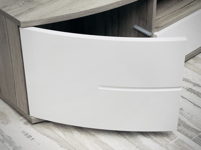Set mobilier living, modern , 300 cm lungime, cu deschidere push open/prin apasare, usi mdf alb lucios/ stejar san remo/negru, vitrina cu led, Bortis Impex [10]