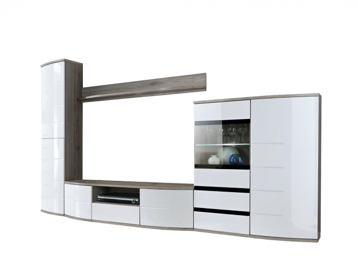 Set mobilier living, modern , 300 cm lungime, cu deschidere push open/prin apasare, usi mdf alb lucios/ stejar san remo/negru, vitrina cu led, Bortis Impex [2]
