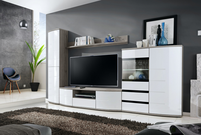 Set mobilier living, modern , 300 cm lungime, cu deschidere push open/prin apasare, usi mdf alb lucios/ stejar san remo/negru, vitrina cu led, Bortis Impex [3]