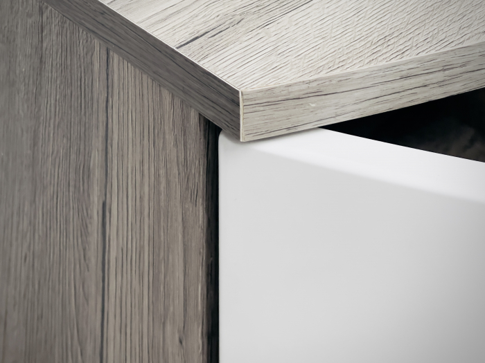 Set mobilier living, modern , 300 cm lungime, cu deschidere push open/prin apasare, usi mdf alb lucios/ stejar san remo/negru, vitrina cu led, Bortis Impex [11]