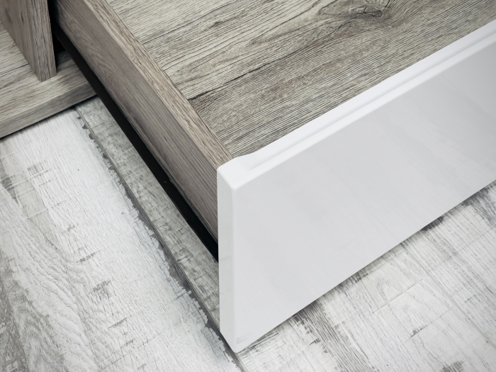 Set mobilier living, modern , 300 cm lungime, cu deschidere push open/prin apasare, usi mdf alb lucios/ stejar san remo/negru, vitrina cu led, Bortis Impex [14]