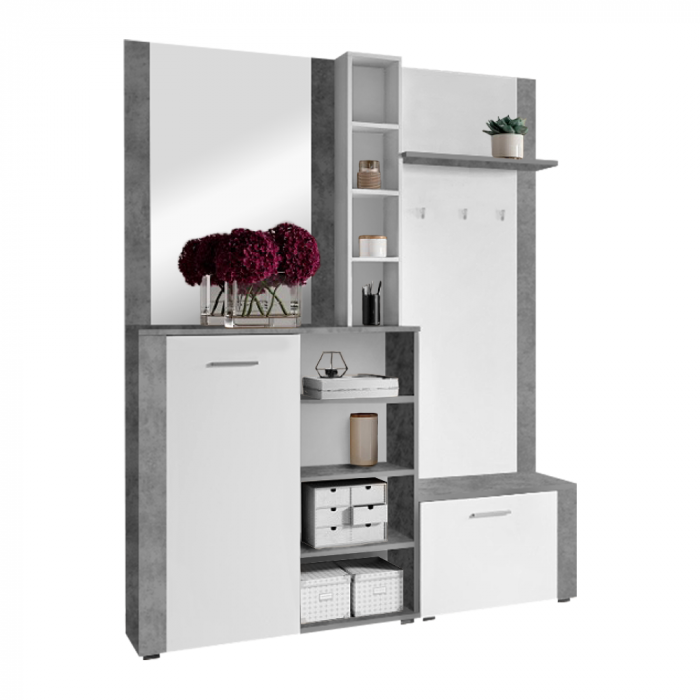 Cuier hol set complet , cu pantofar , oglinda, alb/beton , 150 cm lungime x 190 cm inaltime x 32 cm adancime - [3]