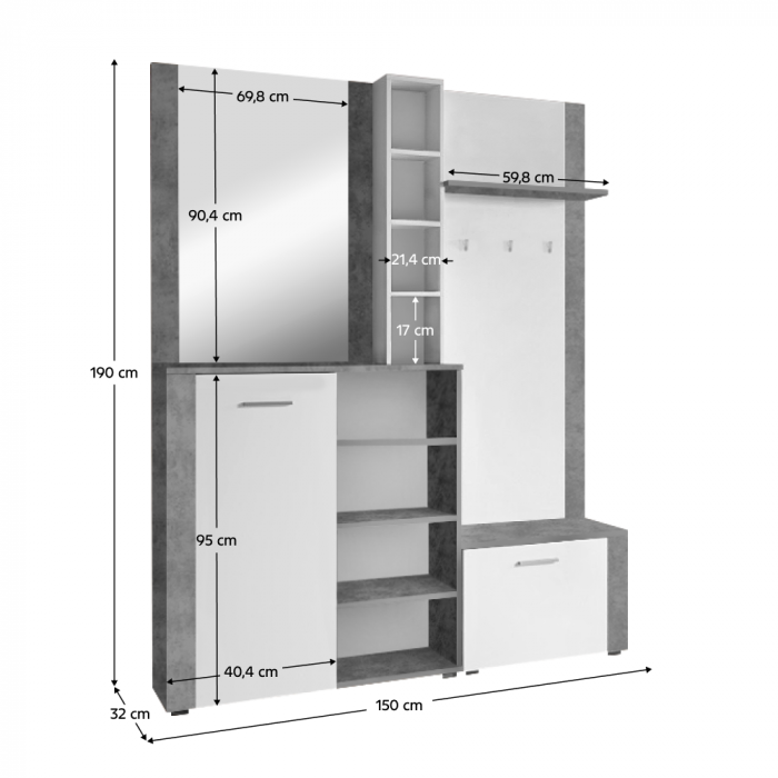 Cuier hol set complet , cu pantofar , oglinda, alb/beton , 150 cm lungime x 190 cm inaltime x 32 cm adancime - [2]