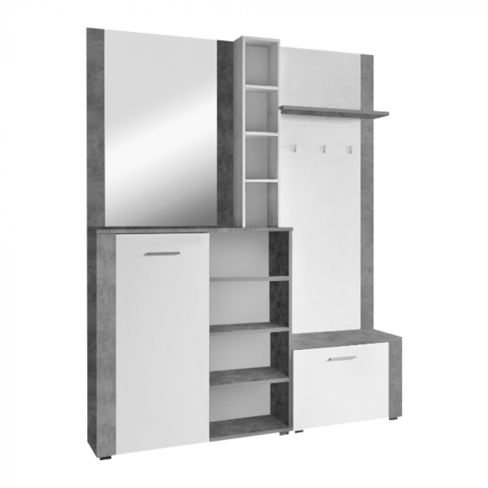 Cuier hol set complet , cu pantofar , oglinda, alb/beton , 150 cm lungime x 190 cm inaltime x 32 cm adancime - [1]