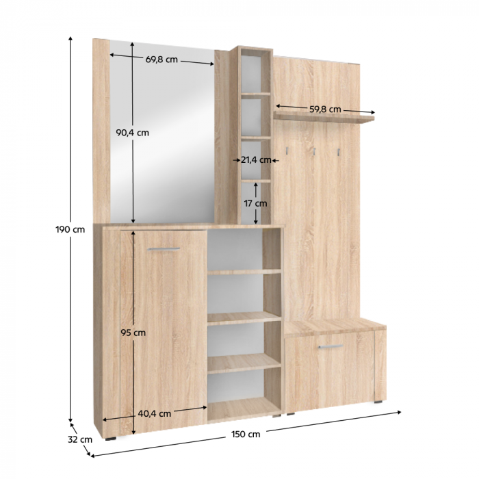Cuier hol set complet , cu pantofar , oglinda,  stejar sonoma, 150 cm lungime x 190 cm inaltime x 32 cm adancime [4]