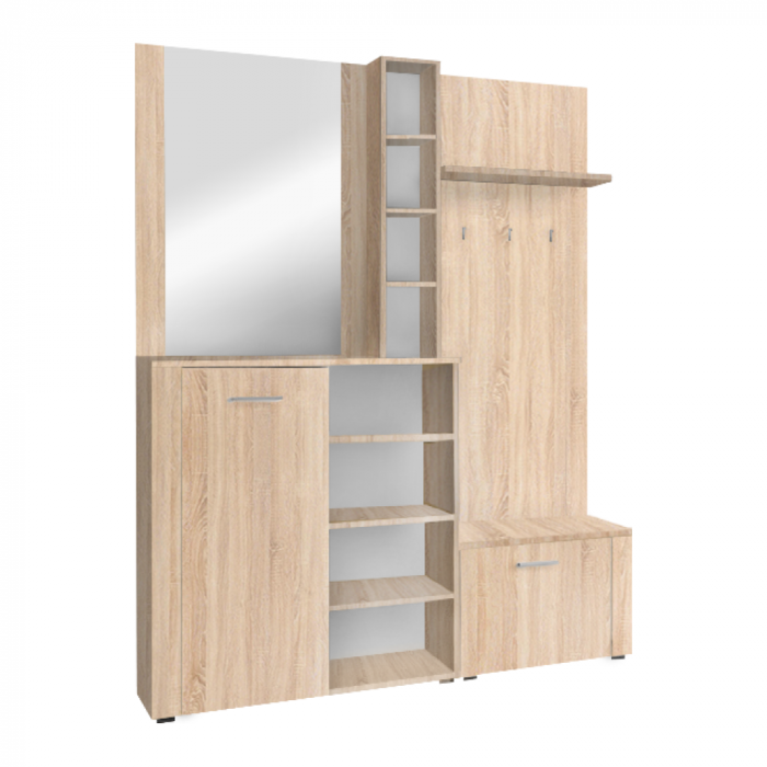Cuier hol set complet , cu pantofar , oglinda,  stejar sonoma, 150 cm lungime x 190 cm inaltime x 32 cm adancime [1]