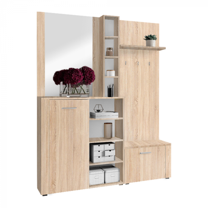 Cuier hol set complet , cu pantofar , oglinda,  stejar sonoma, 150 cm lungime x 190 cm inaltime x 32 cm adancime [2]